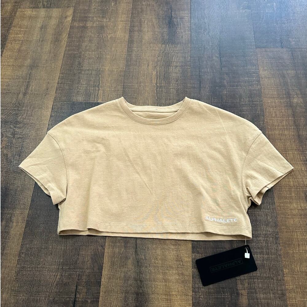 Alphalete Cropped Workout T Shirt Tan Cotton Gym Crop Top Size XS